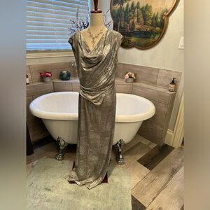Connected Apparel Silver Gold Champagne Long Dress Cowl Neck Slit on Side 12